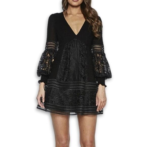 Bardot Dresses & Skirts - Bardot Mariah Babydoll Dress Long Sleeves Swiss Dot Lace Detailing Black XS NWOT